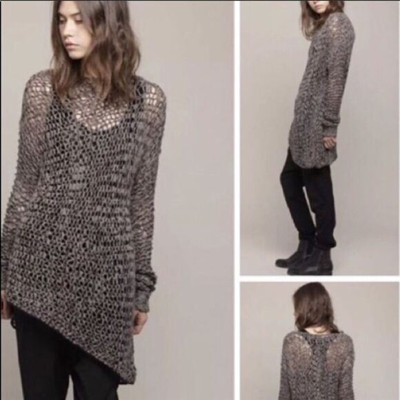 HELMUT LANG | Brown Open Knit Asymmetrical Sweater - Picture 10 of 10